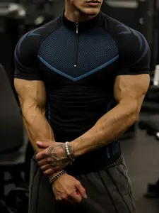 Men's Tech Mesh Half-Zip Fitness T-Shirt, High Stretch Quick-Dry Breathable Compress Fabric, Slim Fit Muscle Show, Gym Running Workout, Dry Fit Compression