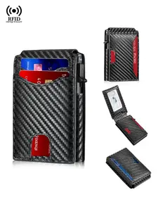 RFID Blocking Mens Wallet | Minimalist Slim Smart Pop-Up PU Card Holder, Metal Credit Card Wallet with Money Clip for Men Magnetic Carbon Fiber Pattern Smart Wallet Slim Thin Business Cardholder Case Gift for Men