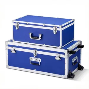 Metal Storage Trunk Set Of 2, Wooden Suitcase Boxes With Padlocks, Large Lockable Trunk On Casters With Three Metal Handles, Decorative Lidded Storage Chest For Travel, Dorm, Apartment, Blue