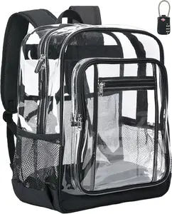 Vorspack Clear Backpack Heavy Duty - Extra Large Clear Backpacks with TSA Lock Transparent See Through Bookbag for School, Work, College, Travel - Black
