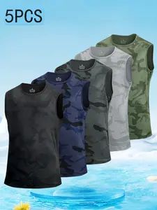 Men's Sports Tank Top Set, Camouflage Gym Wear, Outdoor Fitness Clothing, 5 Piece Pack, Comfortable and Stylish
