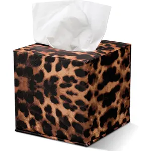 Leopard Cube Tissue Box 5.3 Inch PU Leather Square Modern Napkin Holder with Magnetic Closure for Living Room Bathroom Home Decor