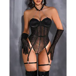 5pcs Set Sequin Mesh Patchwork Satin Front Metal Chain Underwire Bodysuit Role Play Costume Lingerie Gothic Lingerie Set