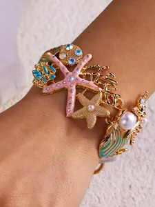 Hawaiian Tropical Island Vacation Style Vintage Enamel Bold Colorful Starfish Shell Coral Pearl Bracelet, Summer Dainty Jewelry, Retro Jewelry Accessory