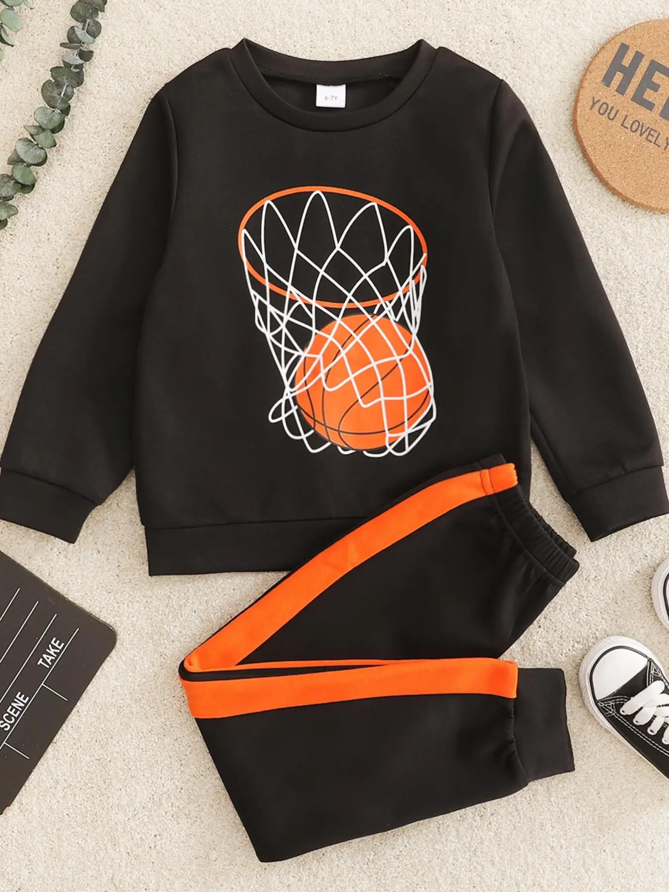 Boy's 2pcs Ball Print Sweatshirt & Side Stripe Sweatpants Set, Round Neck Long Sleeve Pullover & Elastic Waist Jogger Pants, Casual Spring & Fall Clot