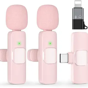 USB C Mini Wireless Lav Microphone for iPhone 15 16, iOS and Android Devices - Noise Reduction Lapel Mic for Recording, Clip on Mic, Omni Lav Mic for Video Recording, Tiktok, Youtube, Vlog (Pink)