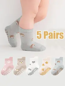 5 Pairs Baby Boys Girls Anti-Slip Socks, Breathable Floor Socks, Soft Comfortable Fabric, Cartoon Pattern, Toddler Walking Socks