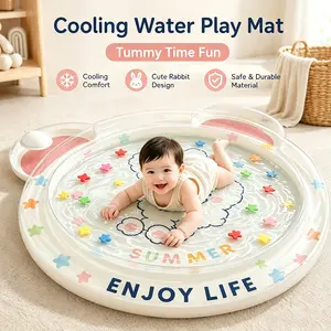 Portable Water Bed for Baby, Colorful water-filled play mat, Kids Water Play Mat, Tummy Time Activity Pad for Infants, Press to inflate, Lightweight and easy, Floating objects and water movement captivate baby's attention, Cute Cartoon rabbit design