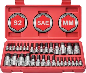 Master Hex Bit Socket Set 32-, Allen Socket Set, 1/4'', 3/8& 1/2'' Hex Drive Sockets, SAE & Metric, S2 Alloy Steel Combine with Cr-V, 5/64 to 3/4, 2mm to 19mm
