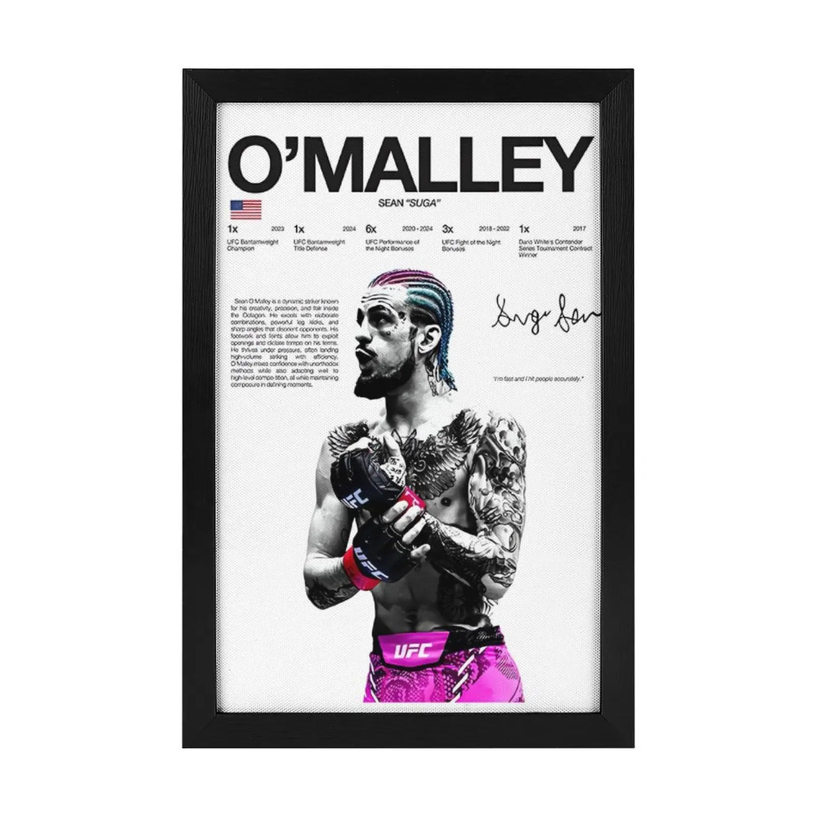 Suga Sean O'Malley UFC Framed Poster - A2-Black Frame MMA Fighter Autograph Print Canvas Wall Art, UFC Sports Collectible, Husband Gift for Fans (Man Cave, Gym Decor)