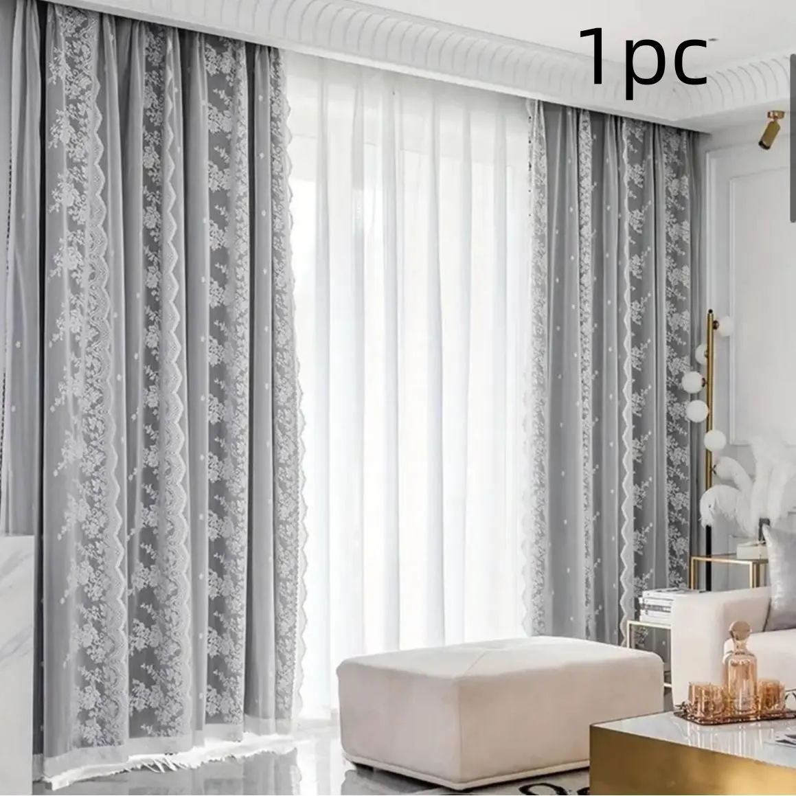 1pc Boho Grey Blackout Drapes, Boho Blackout Curtains, with French Lace Floral Pattern, Double Layer Grommet Top Window Panels, Embroidered Polyester Drapery for Bedroom and Living Room, Machine Washable, Cordless Pastoral Design, Home Decoration Curtain