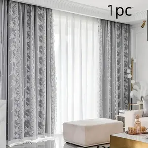 1pc Boho Style Grey Blackout Drapes with French Lace Floral Pattern, Double Layer Grommet Top Window Panels, Embroidered Polyester Drapery for Bedroom and Living Room, Machine Washable, Cordless Pastoral Design, Room Decor Curtain, Home Decoration Curtain