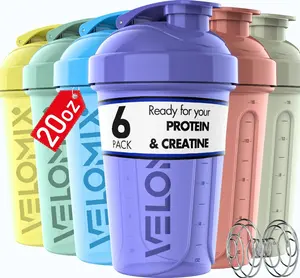 VELOMIX -6 PACK- 20 OZ Protein Shaker Bottles for Protein Mixes Shaker Cups for Protein Shakes Small Shaker Bottle Pack Shaker Cup Shakers for protein Shakes (Pastel Shades - 6 Pack)
