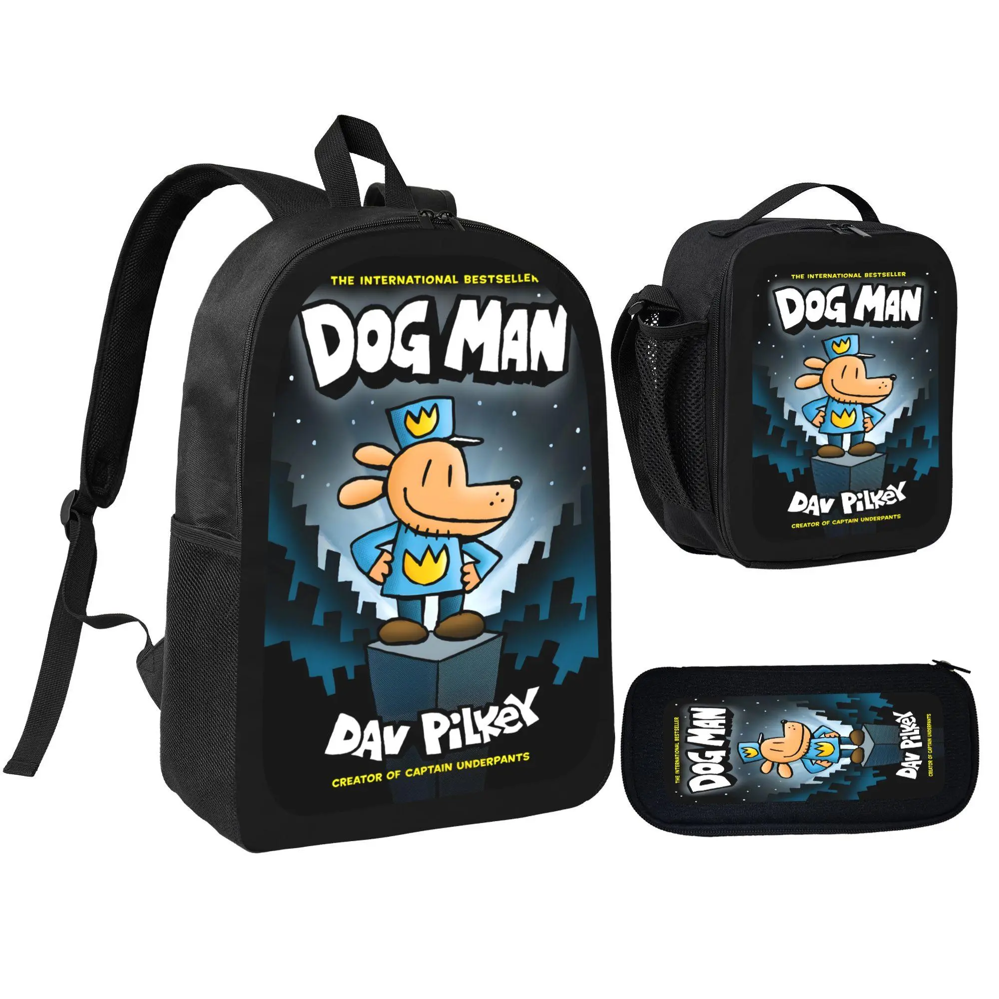 Kids' 3-Pcs Polyester Backpack Set, Dog Man Cartoon Pattern, Adjustable School Bag with Multi-Pockets Lunch Bag & Pencil Pouch for Students' School Use, Prop 65 Safe