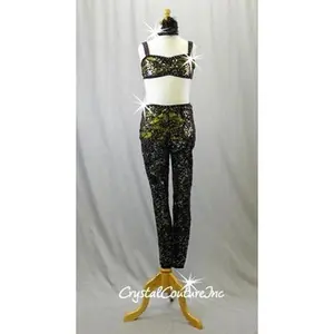 Black Lace and Yellow Lycra Top & Trunks with Lace Leggings - Swarovski Rhinestones