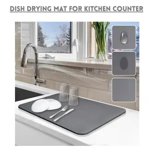 Dish Drying Mat for Kitchen Counter – 12x19” Non-Slip, Quick-Dry, Stain-Resistant Dish Drying Pad for Coffee Machines, Dish Racks, and Kitchen Use (Grey)