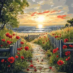 Corn Poppies Coastal Path Sunrise Art Painting Diamond Painting 5D DIY Diamond Painting Kit Full Drill Diamonds, Embroidered Floral Design, Embroidery Cross Stitch Art Craft Home Wall Decor Art Gift For Living Room Decorative Painting Set