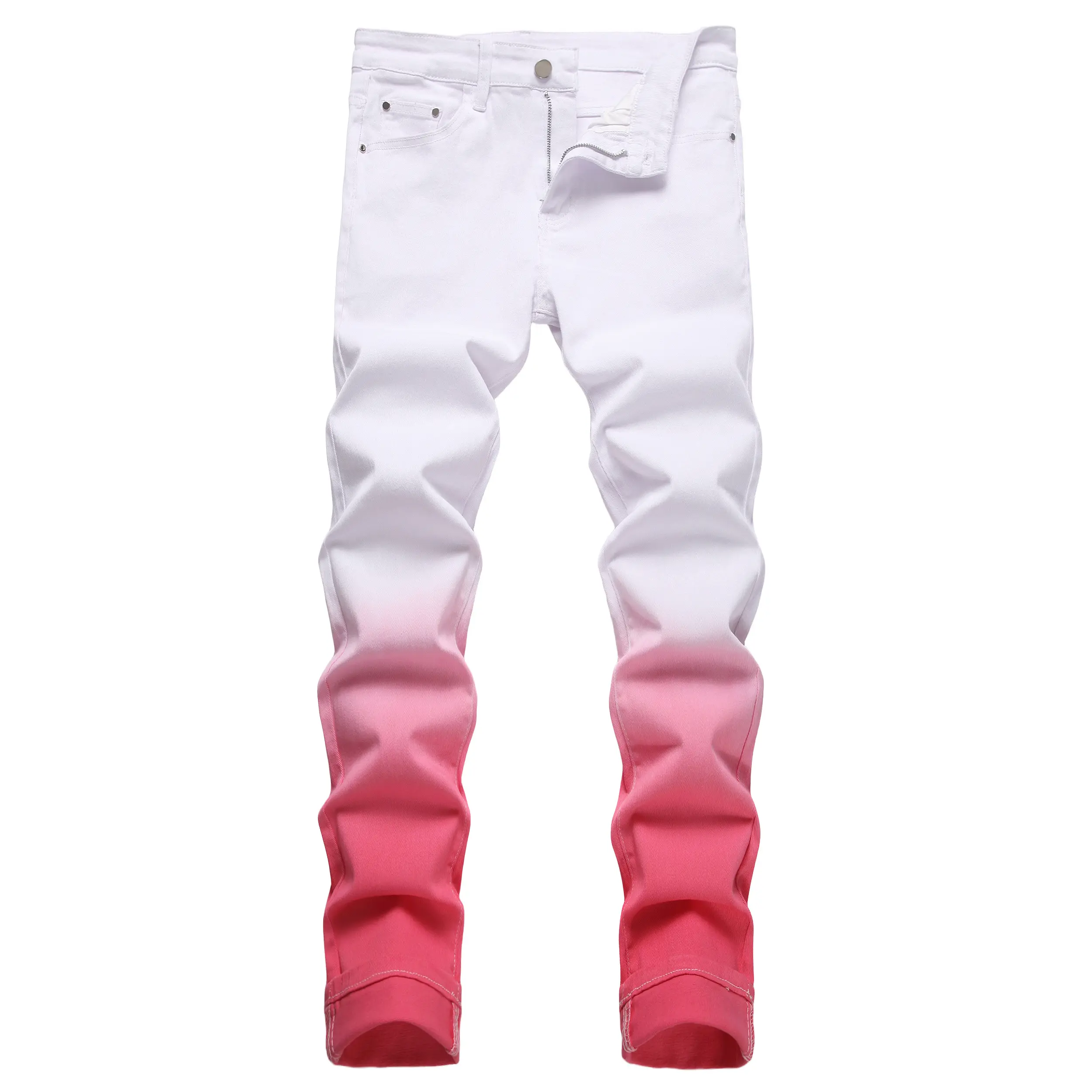 JUNBAOSS Men's Slim‑Fit Gradient Stretch Denim Jeans, Pink‑White, Blue‑White, Yellow‑White Color Selections, Comfort Flex Waistband, Zipper Fly, Multi‑Functional Pockets, Trendy Tapered‑Leg Skinny Street‑Wear Trousers For Daily Outdoor Casual Outfits