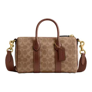 COACH Compass 25 Zipper Closure Monogram Faux Leather Handbag for Men and Women in Tan