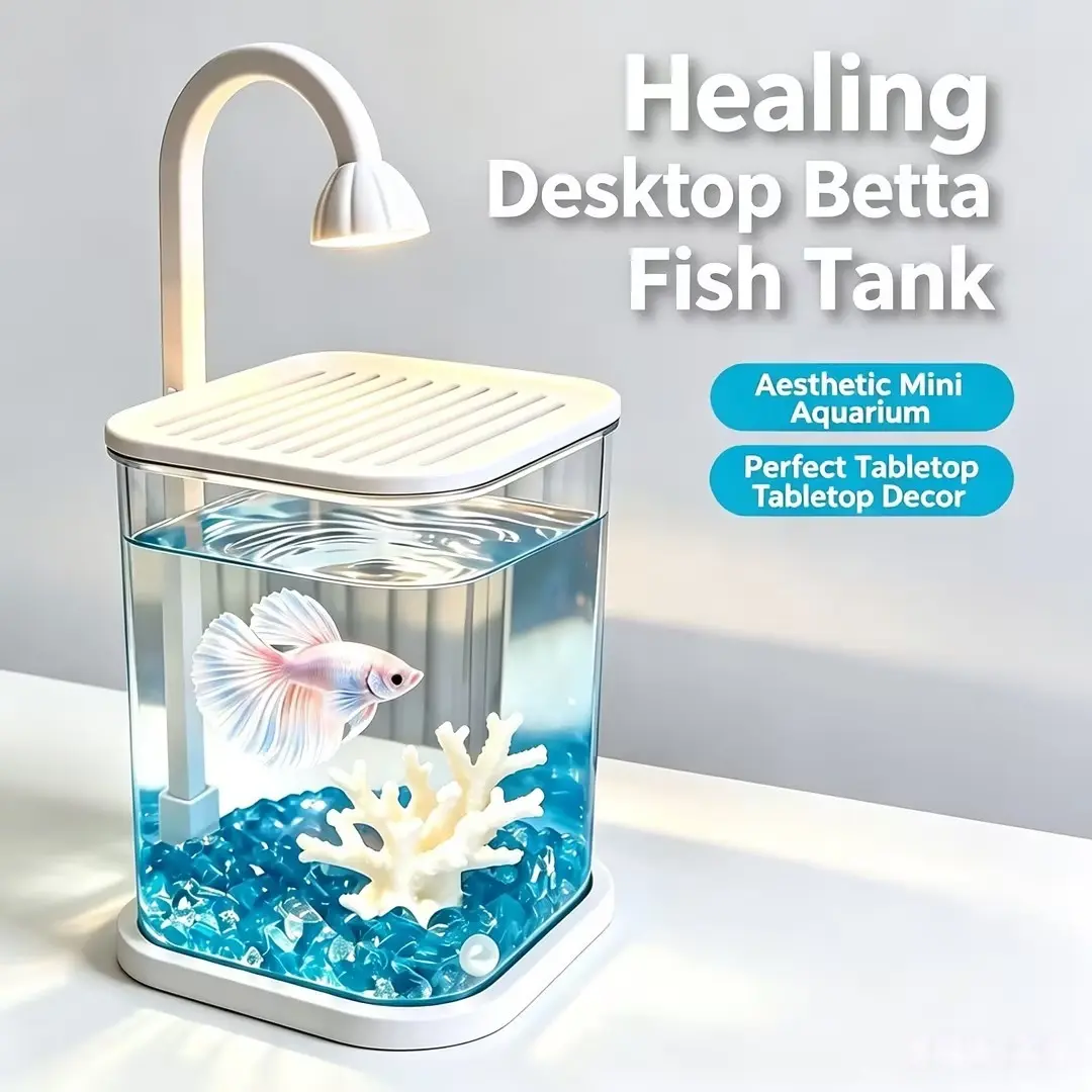 360 °   Clear Desktop Fish Tank with LED Light & Decor – Perfect for Home, Office & Classroom (For Fish, Turtles & Plants)