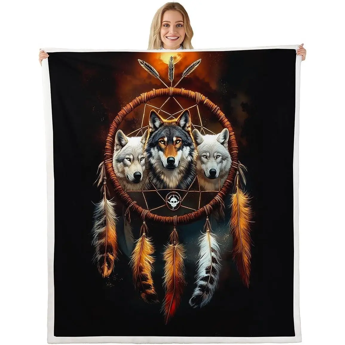 Wolf Fleece Throw Blanket Dreamcatcher Plush Blanket for Bed Sofa Couch Black Brown Sherpa Blanket Boho Dream Catcher Decor Fuzzy Blanket Indian Hippie Feather Print Flannal Blanket