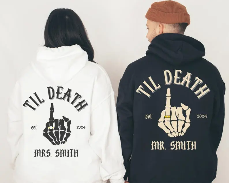 Unisex 'Til Death' Skeleton Graphic Hoodie - Soft 100% Cotton Pullover, Matching Couple Gift for Anniversary & Valentines Day, Sizes to 5XL, Sweatshirts, Menswear, Unisex Hoodie, Soft Cotton, Relaxed Unisex Cut For Easy Layering