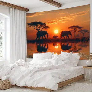 African Elephant Sunset Tapestry - Woven Polyester Wall Hanging, Animal Theme, No Electricity Needed, Transverse Orientation, for Living Room Bedroom Office Home Decor Art