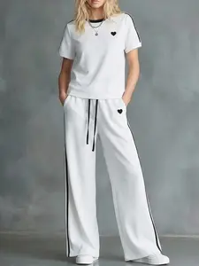 Summer New Embroidered Short Sleeve Long Pants Set, Colorblock Round Neck Top with Side Stripes, Korean Style Casual Sportswear