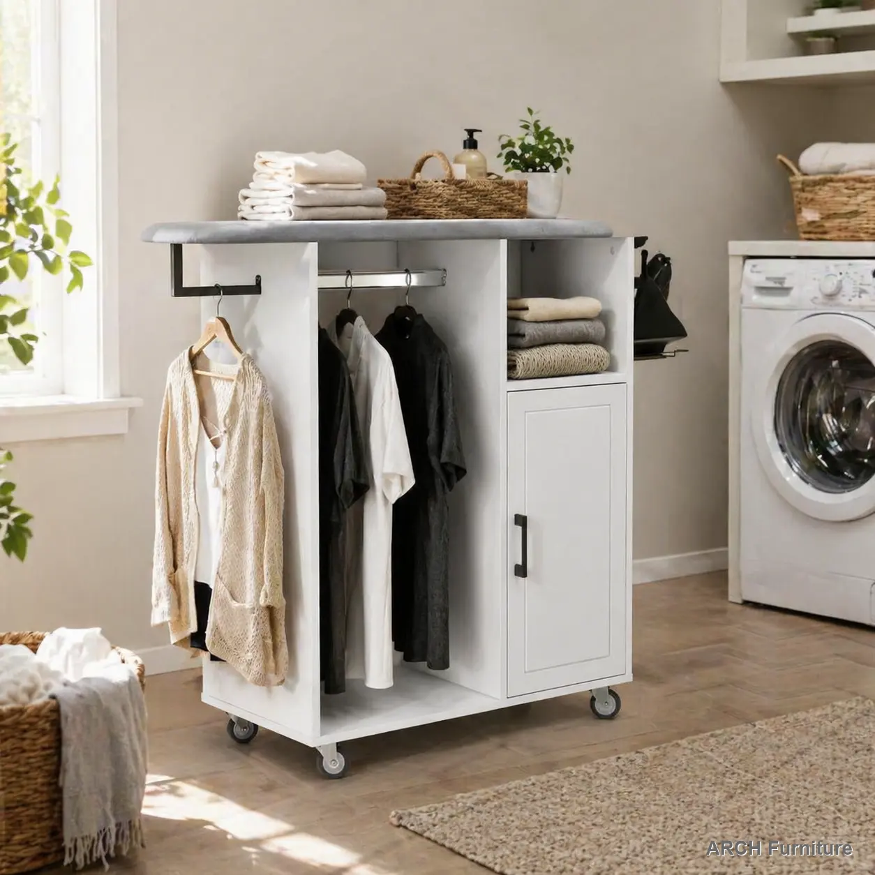 Clean White Finish Smooth Mobility ARCH Rolling Ironing Cart with Integrated Ironing Board - Space-Saving Home Laundry Storage Cabinet on Wheels, Compact Utility Station for Bedrooms, Cloakrooms Indoor Furniture Cupboard