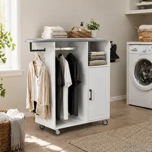ARCH Rolling Ironing Cart with Ironing Board, Multipurpose Laundry Room Storage Cabinet on Wheels, Compact Mobile Ironing Station for Bedroom, Cloakroom, White Finish, Space-Saving Home Organization and Utility Cart for Household Use