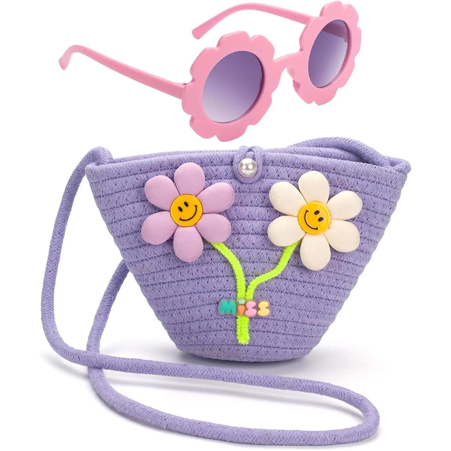 KF5-CPB29  Kids Purse for Girls Age 2-14, Purple Toddler Purse with Beaded and Flowers, Kids Crossbody Bag Gifts for Christmas, Birthday