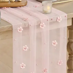 New 3D Pearl Flower Sheer Table Runner, Tulle Mesh Table Flag for Party Decor, Ideal for Seasonal Dining, Weddings, Birthdays & Bridal Showers, Perfect for Home Party Decoration