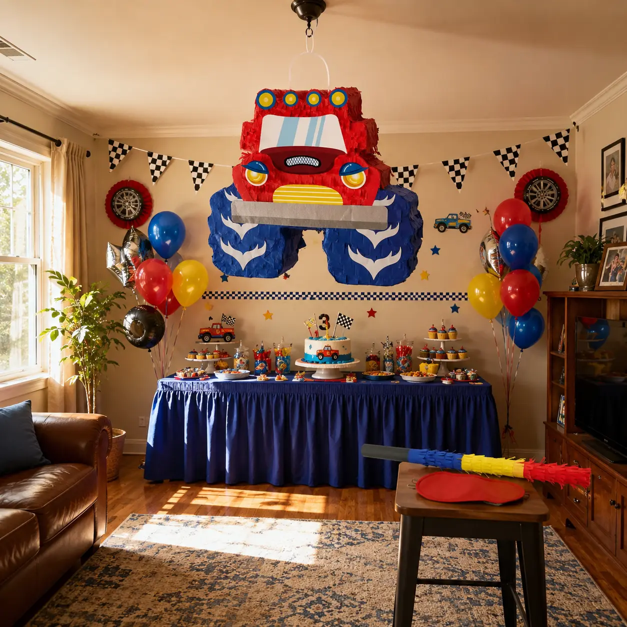 【Handmade】WERNNSAI Monster Truck Boys Piñata  Kids Birthday Party Piñata Bundle with Blindfold, Bat and Stick, Carnival Decorations for Anniversary Celebration Fiesta Party Supplies, piñata para niños fiesta cumpleaños infantil Gifts Party Favors
