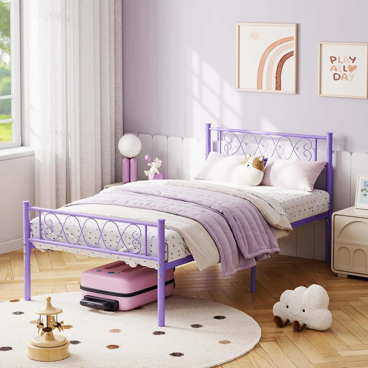 Violet Metal Twin Bed Frame with Headboard and Footboard for Girls and Boys, Twin Size Platform Bed Frame with Iron-Art Sweet Heart, No Box Spring Needed, Easy Assembly