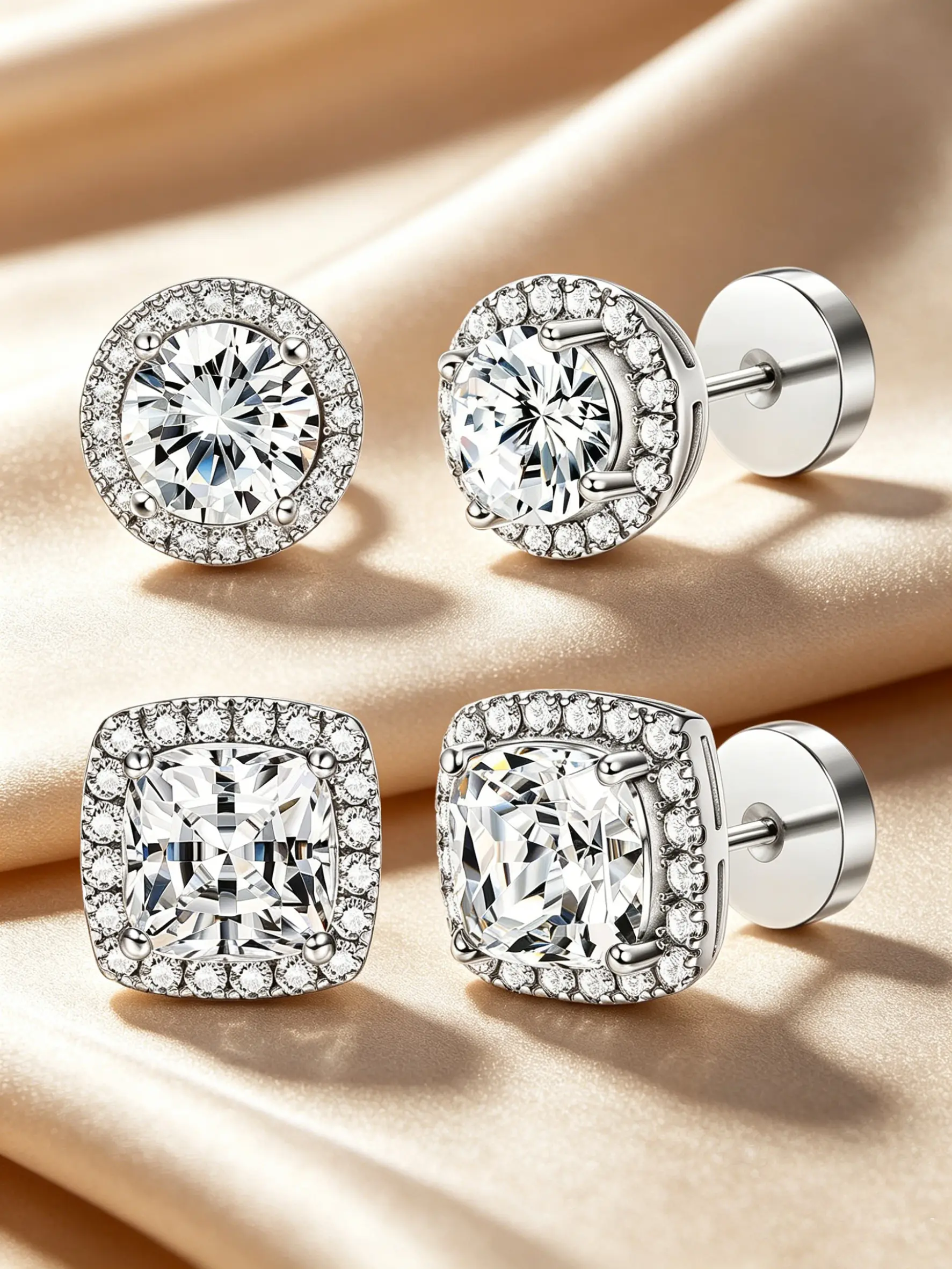 18K Gold Tone Plated 2Pairs Halo Stud Earrings, Hypoallergenic, Cubic Zirconia, Screw Back, 3 Colors, Bridal & Daily Wear, Earring Studs