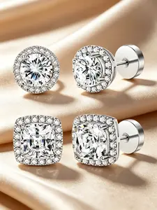 18K Gold Tone Plated 2Pairs Halo Stud Earrings, Hypoallergenic, Cubic Zirconia, Screw Back, 3 Colors, Bridal & Daily Wear, Earring Studs