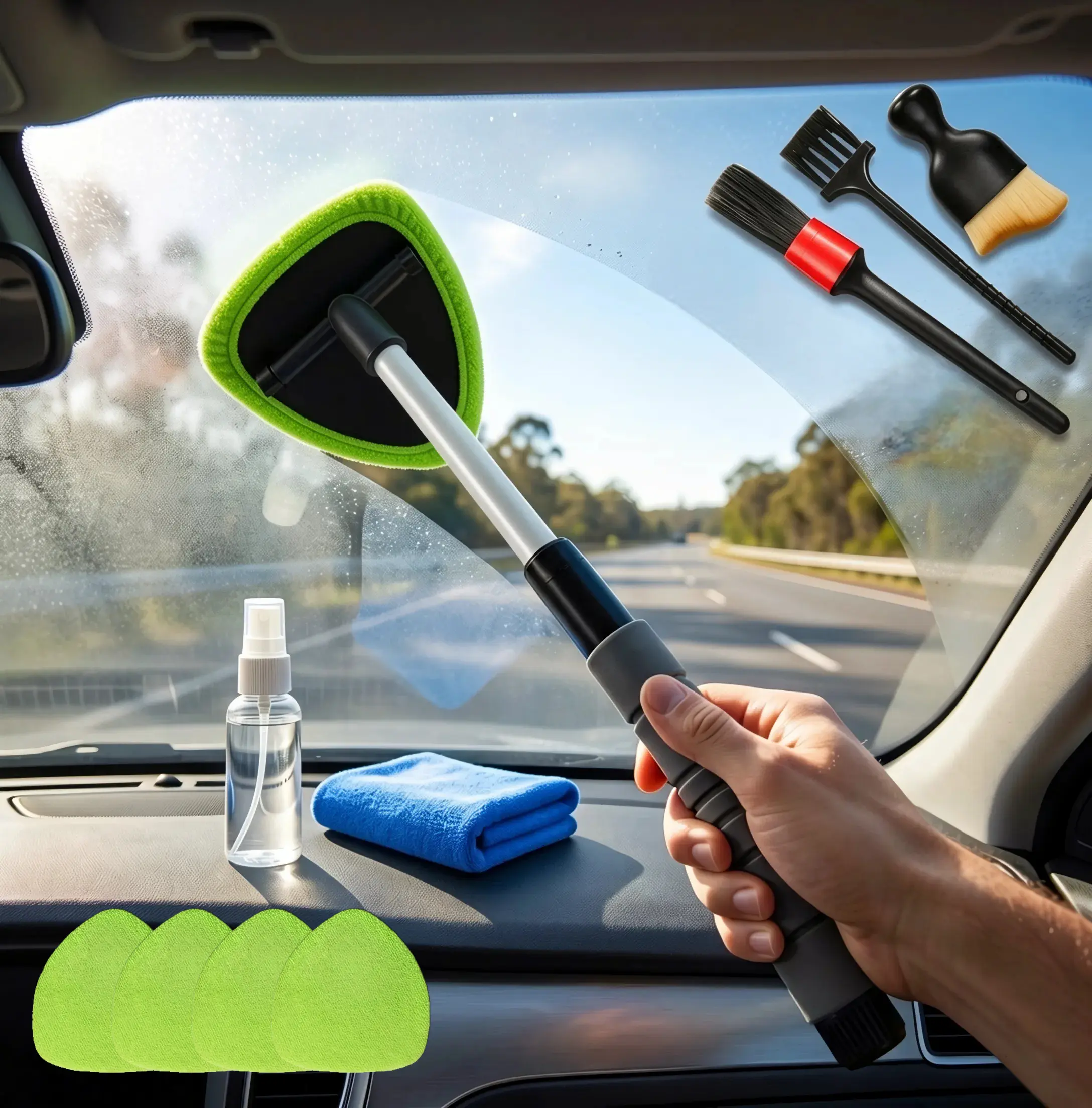 Windshield Cleaner Tool, 10PCS Car Detailing Kit with Extendable Handle & Rotatable Head, 4 Reusable Microfiber Pads, 3 Vent Brushes, Spray Bottle, Streak-Free Car Cleaning Kit, Car Accessories for Cars Trucks SUVs Home Window