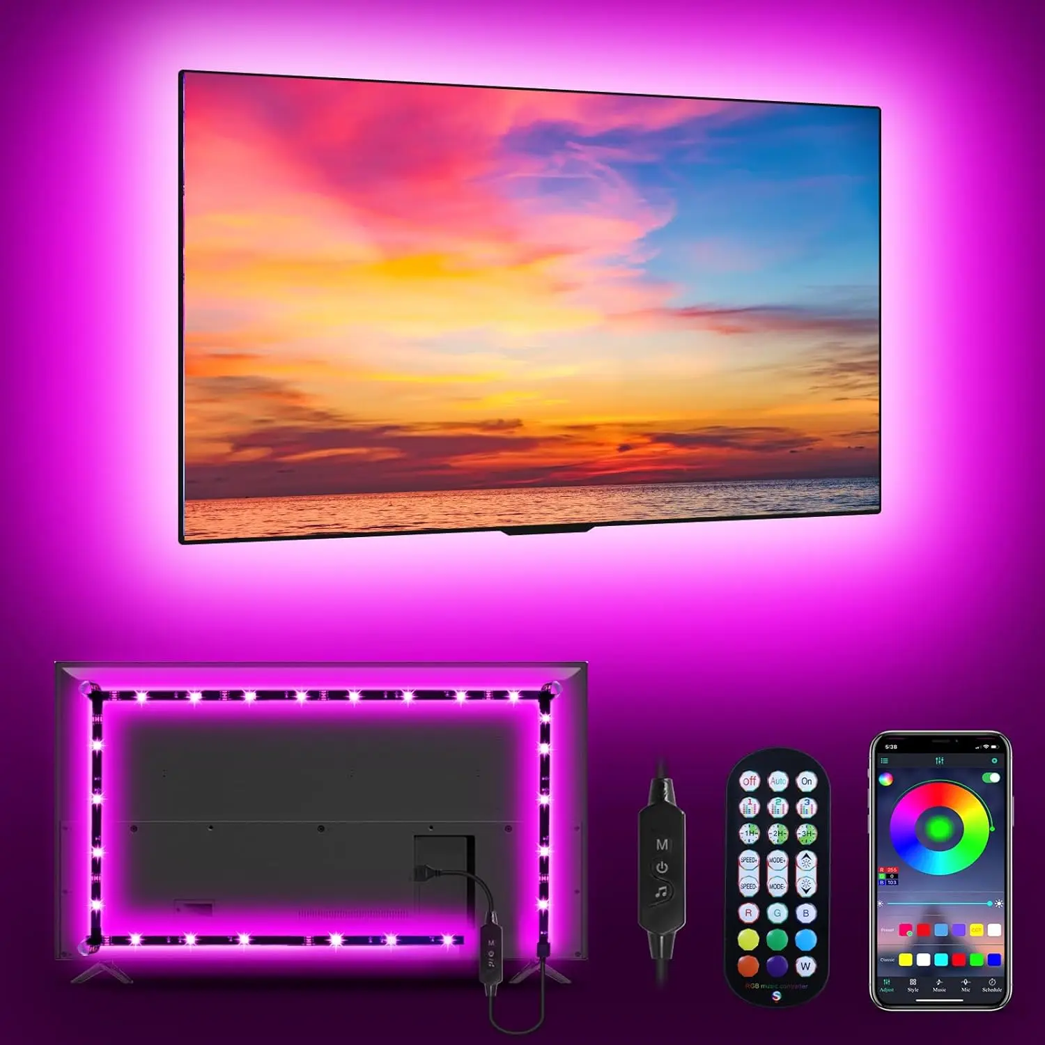 RGB LED Strip Lights for TV, 9.84ft USB-Powered Backlight for 32-43in Screens, APP Remote Control, Music Sync for Bedroom Gaming Use