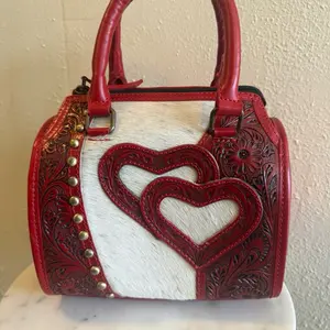 Mini tooled hearts Speedy Bag Western Leather Top Handle Purse Hair-On Hide Cowgirl Handbag with red Accents