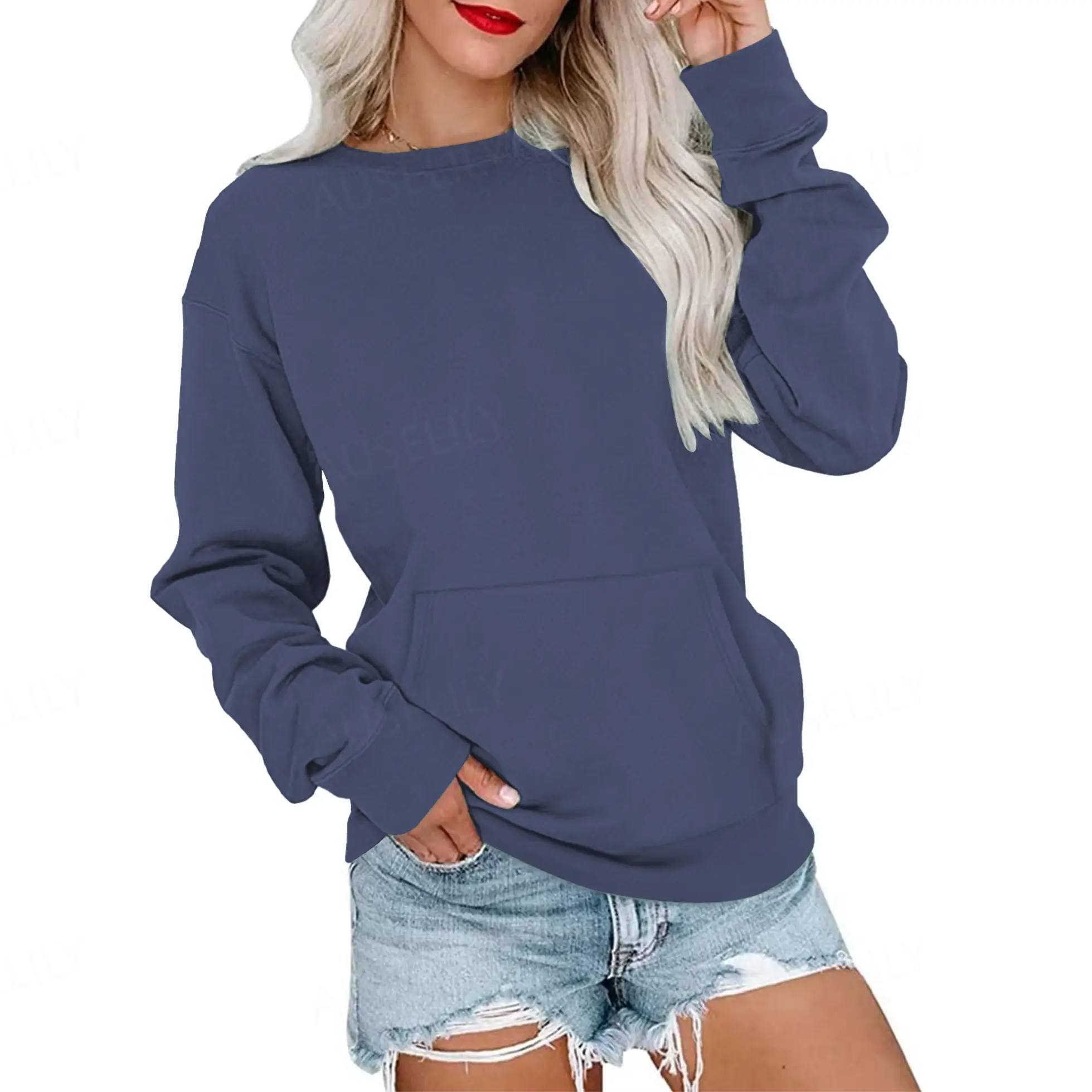 AUSELILY Women's Crewneck Hoodless Sweatshirt With Kangaroo Pocket Fleece Longsleeve Oversized Casual Style Shirt Lightweight Pullover