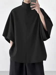 INCERUN Summer Men Shirt Solid Stand Collar Short Sleeve Men Clothing Loose Baggy Streetwear Fashion Casual Tops Menswear Male Shirts