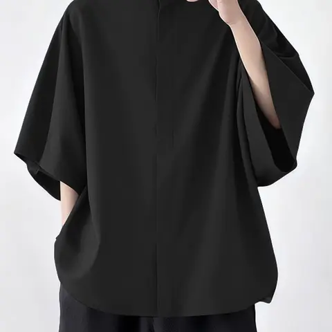 INCERUN Men's Plain Half Sleeve Hoodie, Casual Loose-Fitting Long Shirt, H Type Silhouette, Perfect for Early Autumn Fashion, Polyester Solid Hoodies