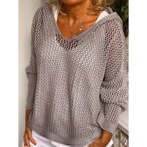 Women's Solid Hollow Out Sheer? Hooded Sweater, Casual Drop-Shoulder Long-Sleeve Jumper for Summer, Fashion Women’s Knitwear for Everyday Wear – Women’s Tops