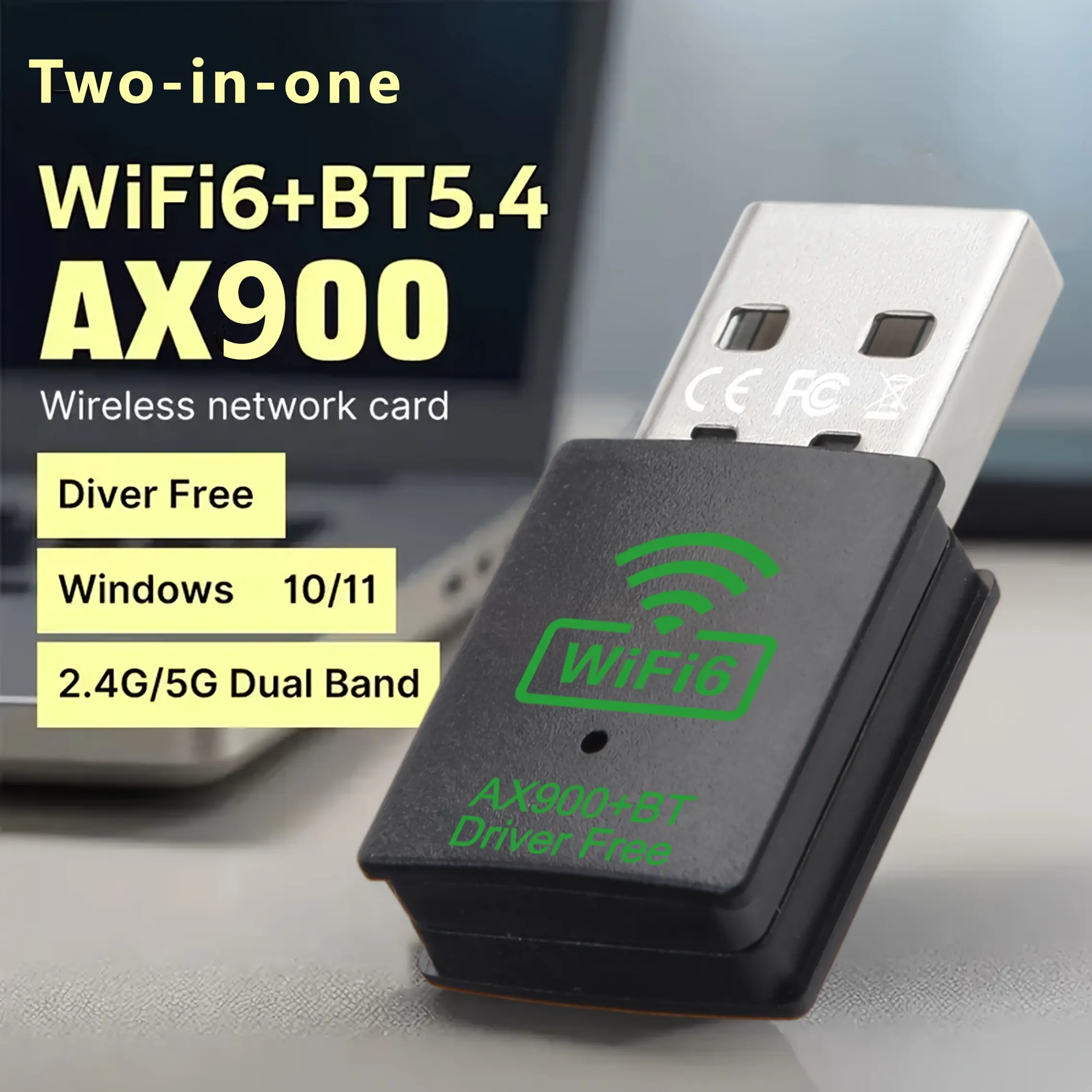 2-In-1 Ax900Mbps Wifi6 Dual Band BT5.4 2.4G/5G USB Adapter - 02.11Ax High Speed Wireless Card, for Mac Laptops And Desktops, Plug And Play, No Driver Required, Compact Design, Laptop Wireless Ad, Portable Wireless Adapter, Durable Wireless Adapter