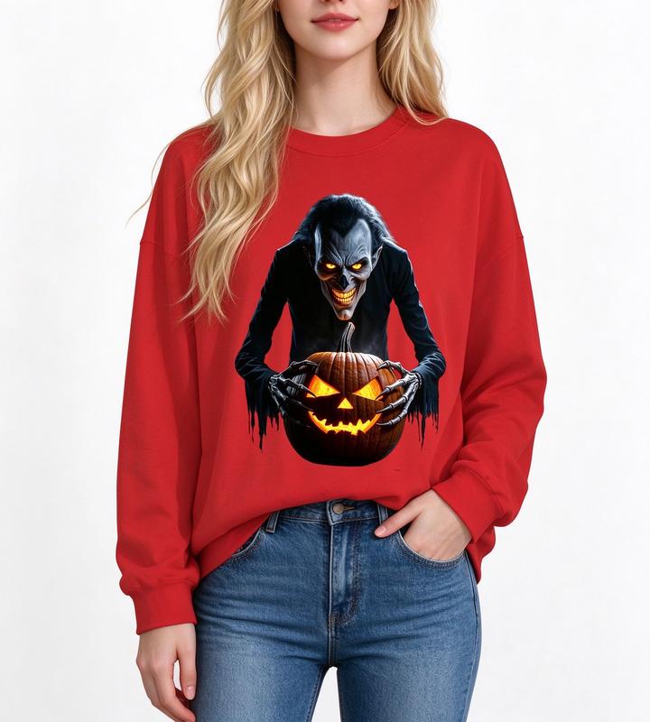 Women's Casual Comfortable Long-Sleeve Vampire Halloween Sweatshirt - Gothic Pumpkin Demon Oversized Horror Spooky Crewneck, Dark Horror Movie Fall Edgy Top