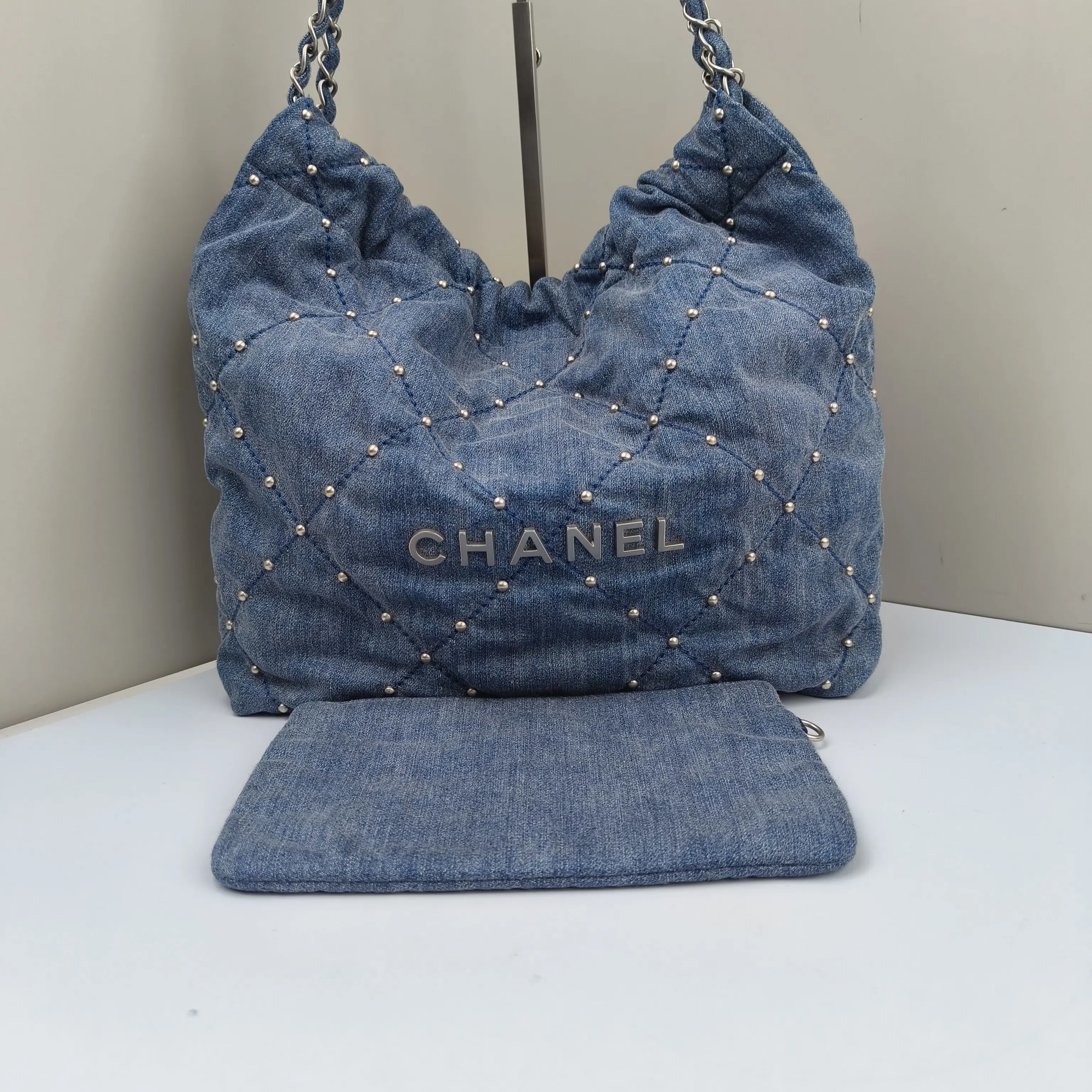 Pre-owned CHANEL Denim Shoulder Bags 22 Small Quilted Studded Blue CPU0809