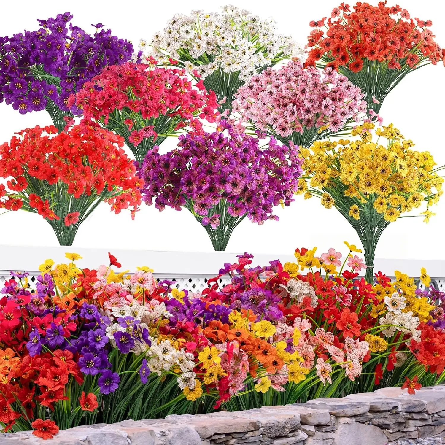 24 Pcs Artificial Flowers for Outdoor,Plastic Flowers Decoration, UV Resistant Faux Flowers Shrubs, Artificial Plants for Indoor Outside Garden Home Wedding Farmhouse（6 Color/8 Color） Bouquet Water Proof Set Silk