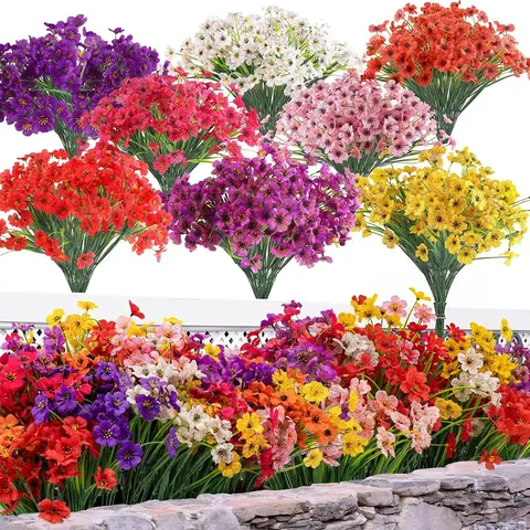 24 Pcs Waterproof UV-Resistant Mixed Bouquet Artificial Flowers Set - 6/8 Color Plastic Decorative Floral Shrubs with Leaves, Hanging Lifelike Picks for Home, Anniversary Decor