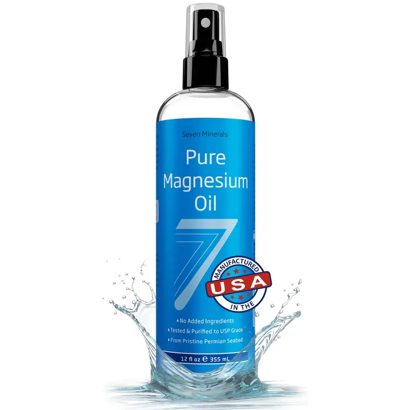 Seven Minerals Pure Magnesium Oil Spray, Big 12oz, USP Grade, Extra Strength, for Feet, Sleep, Muscle Pain & Cramps - Mined in The USA,Soothing Oil,Soothe Strengthen Oil,Soothing Body Oil