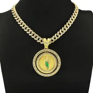 Necklace Rotatable Round Pendant Moissanite Element Miami Cuban Link Chain Hip Hop Jewelry Party Gift For Men Women